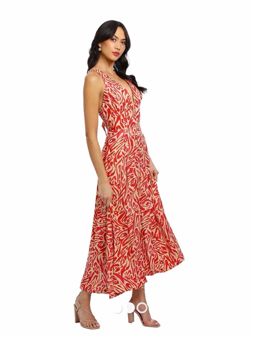 Nicholas Haisley Linen Blend Plunge Open Back Midi Dress Red Beige 4 Resortwear